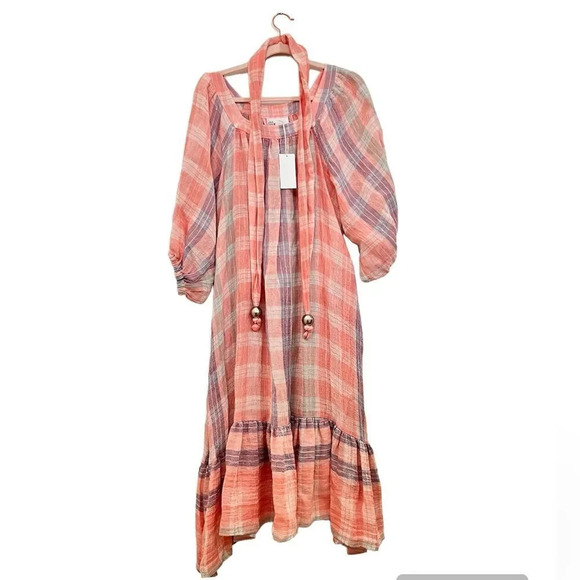 Lisa Marie Fernandez Linen Laure Madres Multi Plaid Gauze Midi Dress sz 0 - Picture 4 of 7